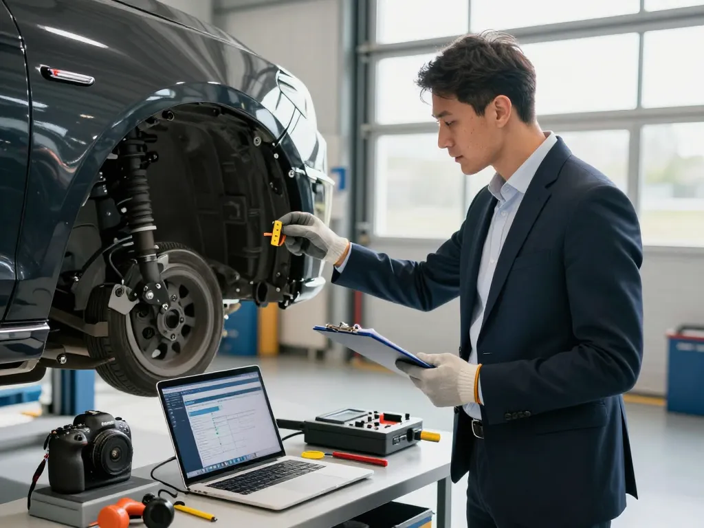 Kfz Sachverständiger Bonn inspiziert ein Fahrzeug in einer professionellen Garage, die automobiltechnische Expertise zeigt.