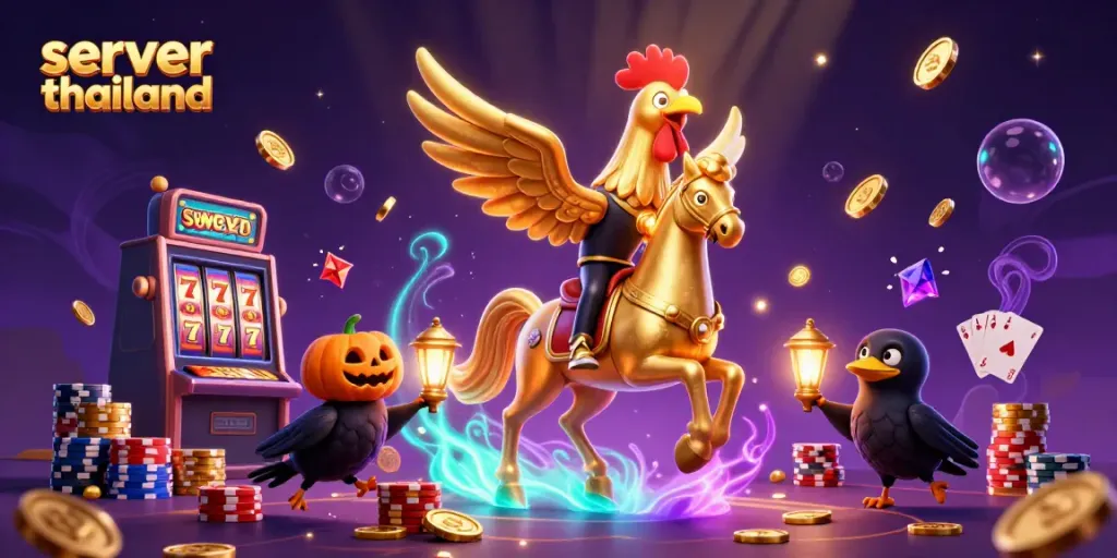 Spin the reels at server thailand with a golden rooster and its champions in a dazzling casino scene.
