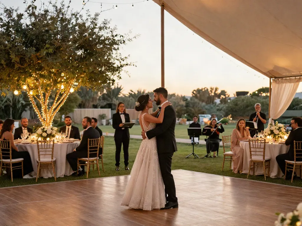 Stunning outdoor wedding reception showcasing elegant Event rental ksa setup with tent, tables, and floral decor.