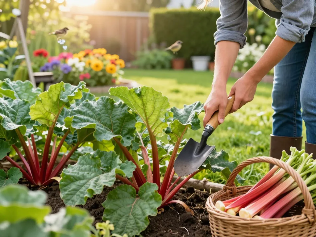Healthy rhubarb plants in a sunny garden for rabarber stekken kopen enthusiastically harvested.