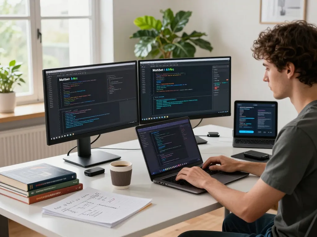 Developer setting up moltbot mac in a modern home office with dual monitors and vibrant decor.