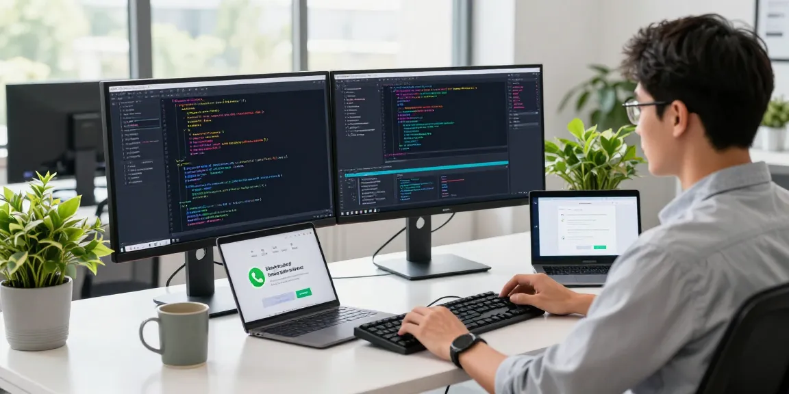 Developer focused on coding WhatsApp下載 interface in vibrant tech workspace.
