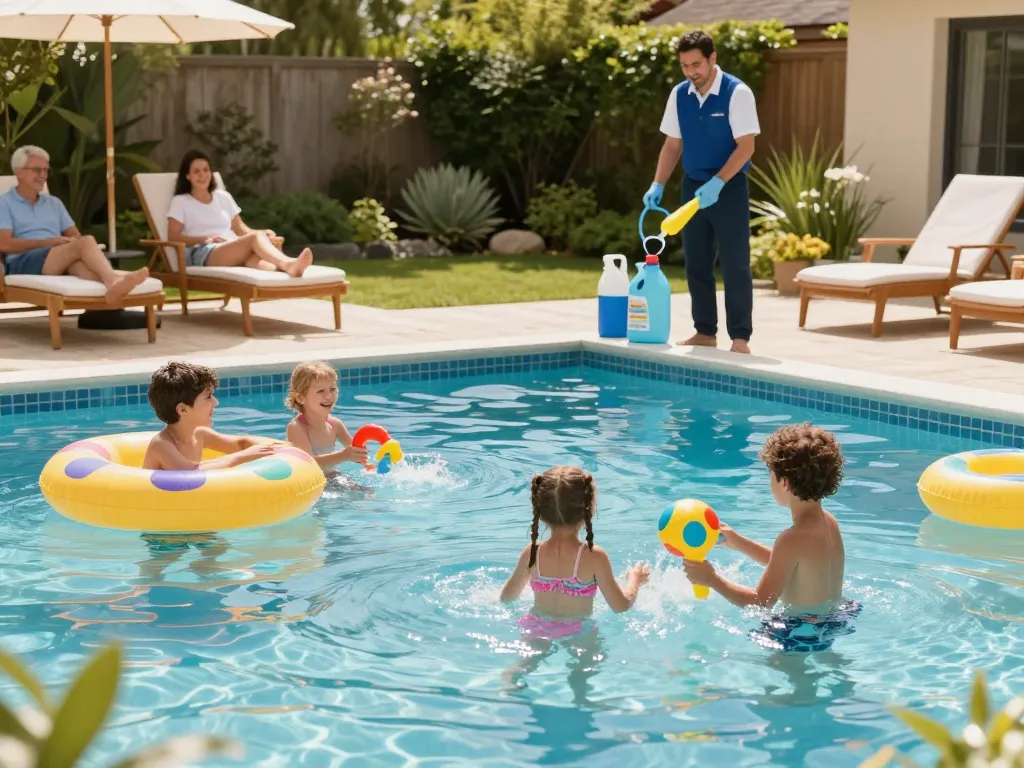 Dolphin Pool Services team maintaining a family pool while kids play in the water.