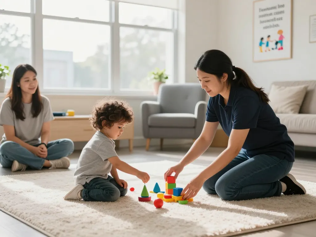 Child engaging in sensory activities at Advantage Therapy Norwes with supportive therapist in a bright clinic setting.
