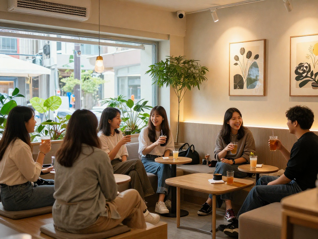 강남쩜오 멀리건에서 친구들과 편안한 시간을 보내는 모습, 아늑하고 세련된 인테리어의 공간