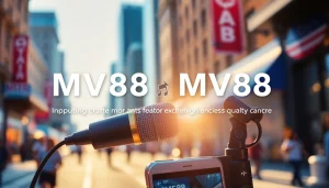 MV88 microphone capturing high-quality audio in an urban setting.