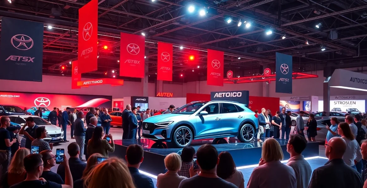 Exciting Auto Cars Show showcasing a sleek modern car with enthusiastic attendees in a vibrant environment.