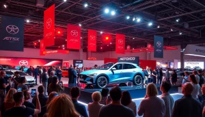 Exciting Auto Cars Show showcasing a sleek modern car with enthusiastic attendees in a vibrant environment.