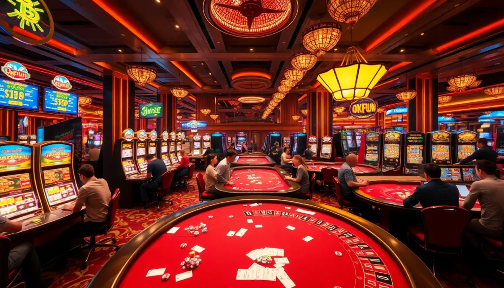 Experience Okfun's exhilarating gambling atmosphere with players at vibrant casino tables and slot machines.