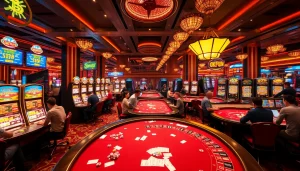 Experience Okfun's exhilarating gambling atmosphere with players at vibrant casino tables and slot machines.