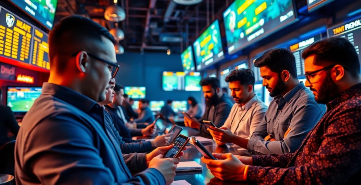 Engaged users exploring sports betting sites India with modern devices in a lively environment.