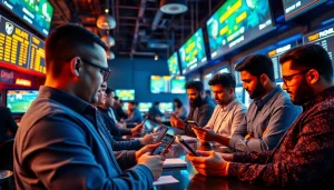 Engaged users exploring sports betting sites India with modern devices in a lively environment.