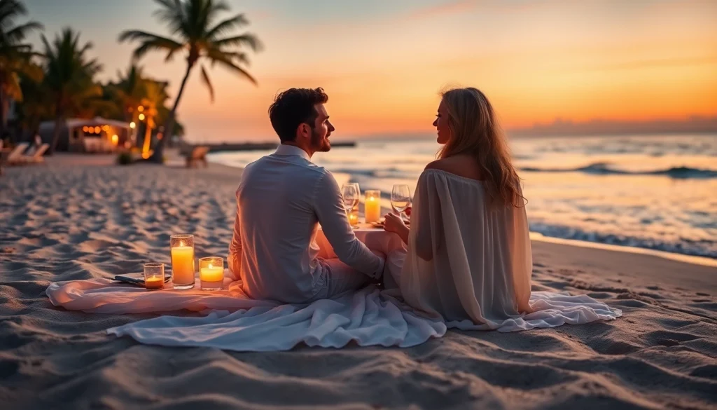 Couple dining on the beach during Romantic excursions in Cabo at sunset, creating a serene atmosphere.