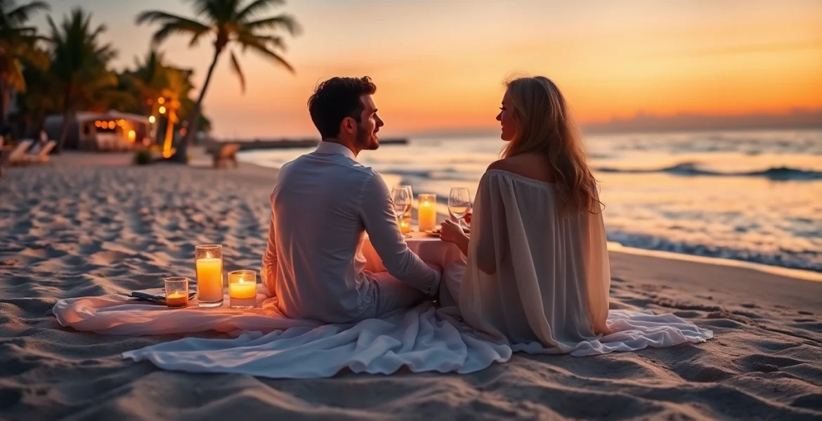 Couple dining on the beach during Romantic excursions in Cabo at sunset, creating a serene atmosphere.