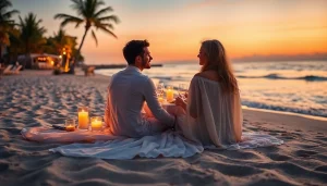 Couple dining on the beach during Romantic excursions in Cabo at sunset, creating a serene atmosphere.
