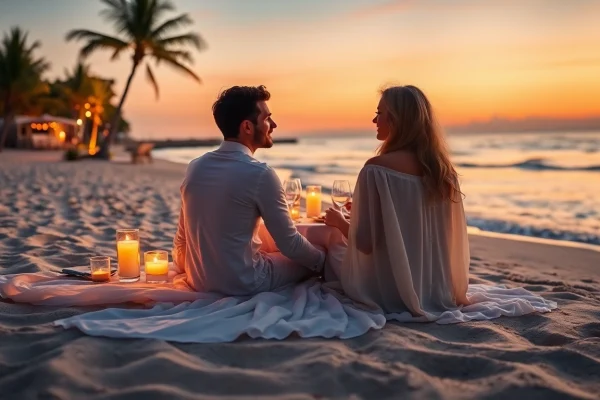 Couple dining on the beach during Romantic excursions in Cabo at sunset, creating a serene atmosphere.
