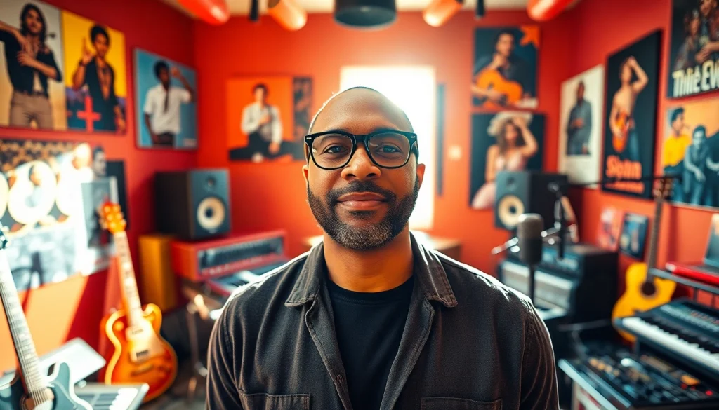 Leroy Silver showcasing his charisma in a music studio full of instruments and vibrant energy.