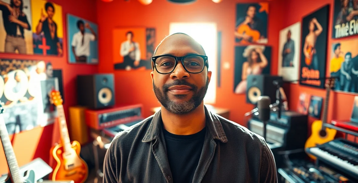 Leroy Silver showcasing his charisma in a music studio full of instruments and vibrant energy.