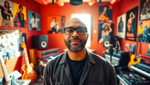 Leroy Silver showcasing his charisma in a music studio full of instruments and vibrant energy.