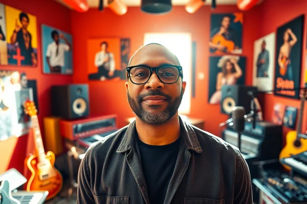 Leroy Silver showcasing his charisma in a music studio full of instruments and vibrant energy.