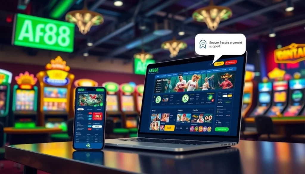 Dynamic AF88 online betting platform on mobile and laptop showcasing gaming experience.