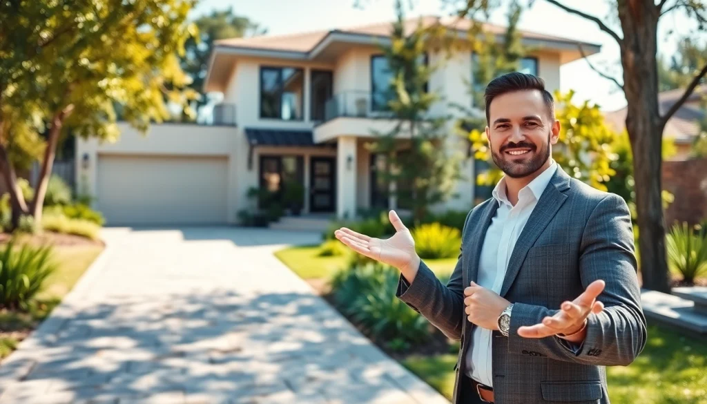 Real Estate agent showcases a modern home with bright lighting and inviting atmosphere.