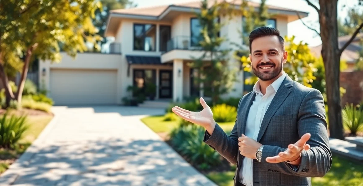Real Estate agent showcases a modern home with bright lighting and inviting atmosphere.