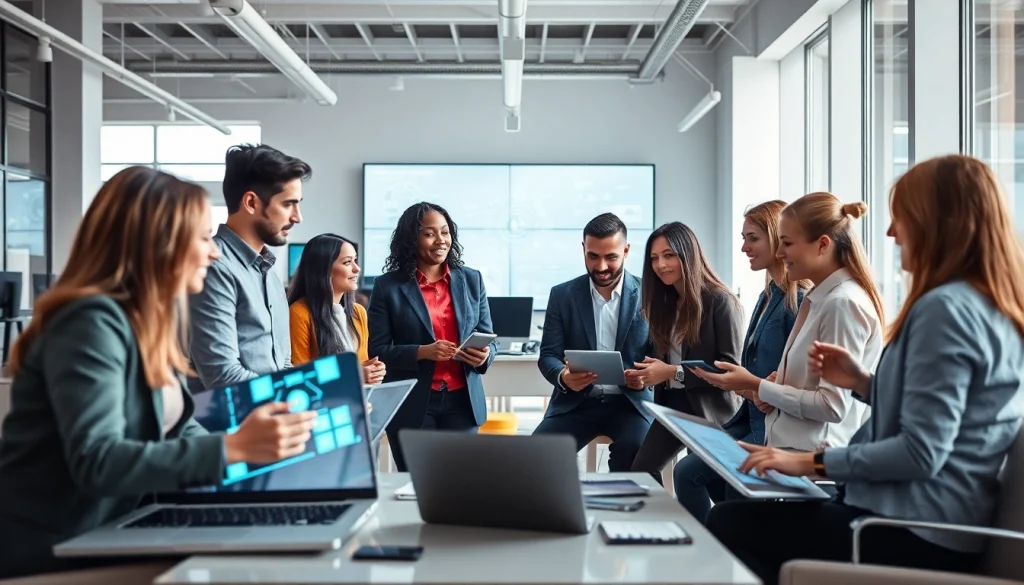 Collaborating professionals in a technology workspace showcasing innovations and high-tech gadgets.