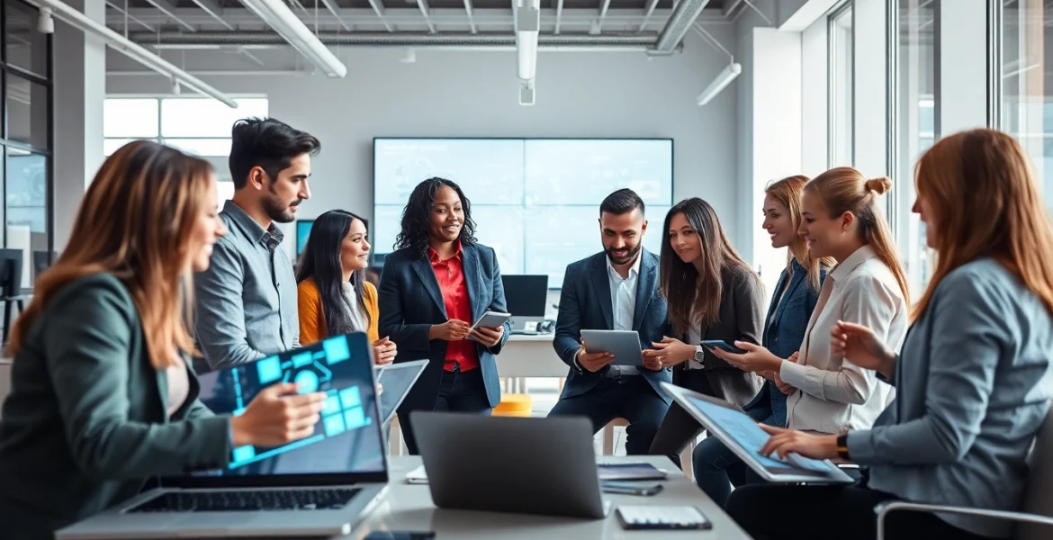 Collaborating professionals in a technology workspace showcasing innovations and high-tech gadgets.