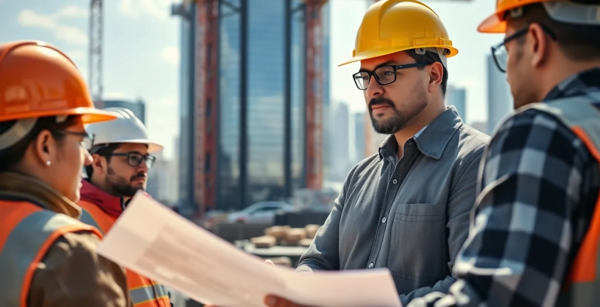 Manhattan Construction Manager leading a team on a construction site with vibrant activity.