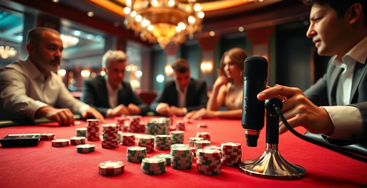 Capture the excitement of a high-stakes poker game featuring the MV88 microphone in a luxurious casino setting.
