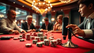 Capture the excitement of a high-stakes poker game featuring the MV88 microphone in a luxurious casino setting.