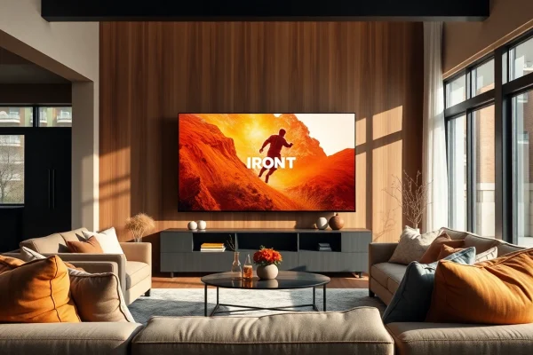 Engaging living room showcasing iron tv on a stylish flat-screen for family entertainment.
