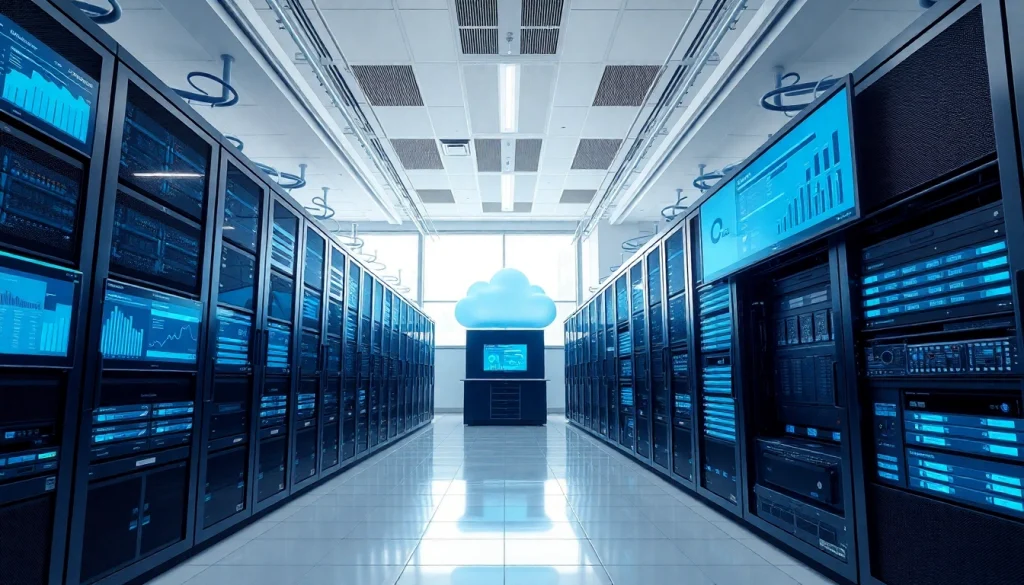 Visual representation of Hybrid Cloud Solutions with advanced data center technologies in a modern office.