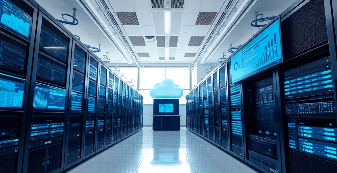 Visual representation of Hybrid Cloud Solutions with advanced data center technologies in a modern office.