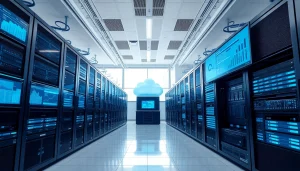 Visual representation of Hybrid Cloud Solutions with advanced data center technologies in a modern office.