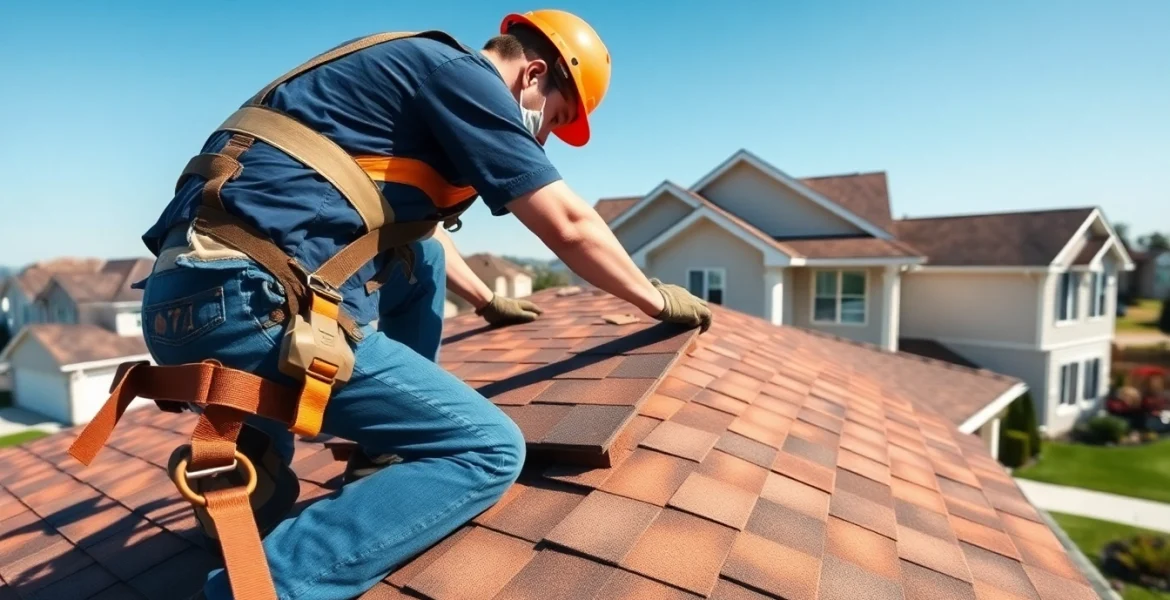 Technician performing reliable roofing services by installing shingles on a residential roof.