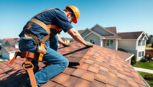 Technician performing reliable roofing services by installing shingles on a residential roof.