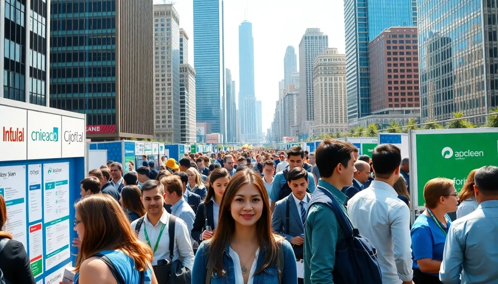Engaged job seekers exploring opportunities for a job in chicago amid a busy recruitment event.