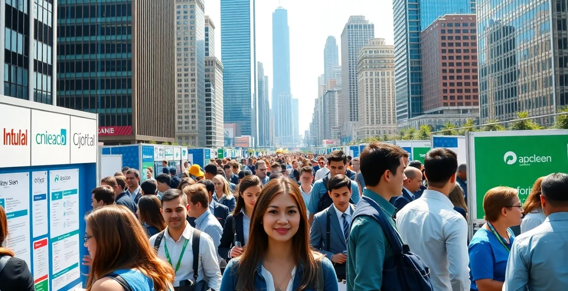 Engaged job seekers exploring opportunities for a job in chicago amid a busy recruitment event.