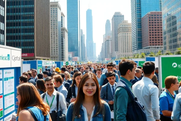 Engaged job seekers exploring opportunities for a job in chicago amid a busy recruitment event.