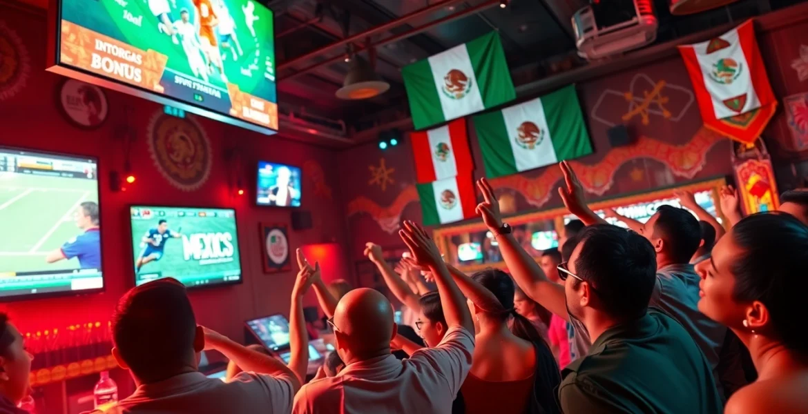Cheering crowd enjoying sports betting Mexico in a lively bar filled with festive decor.