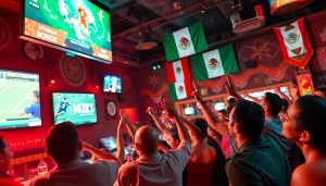 Cheering crowd enjoying sports betting Mexico in a lively bar filled with festive decor.
