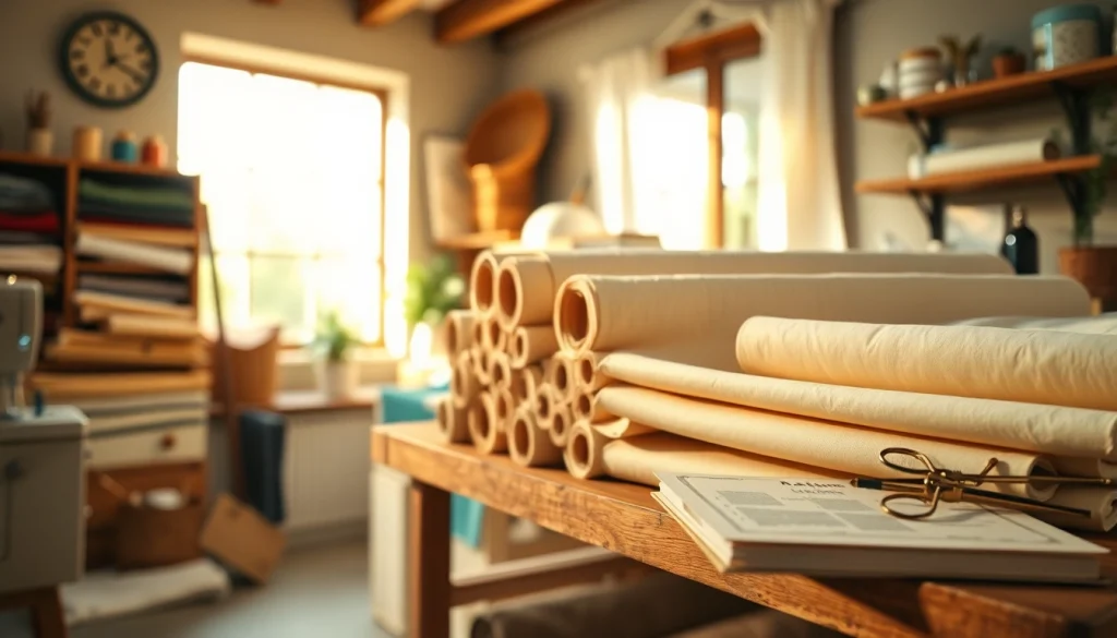 Katoen stoffenrollen prachtig gerangschikt op een houten plank in een gezellige werkplaats.