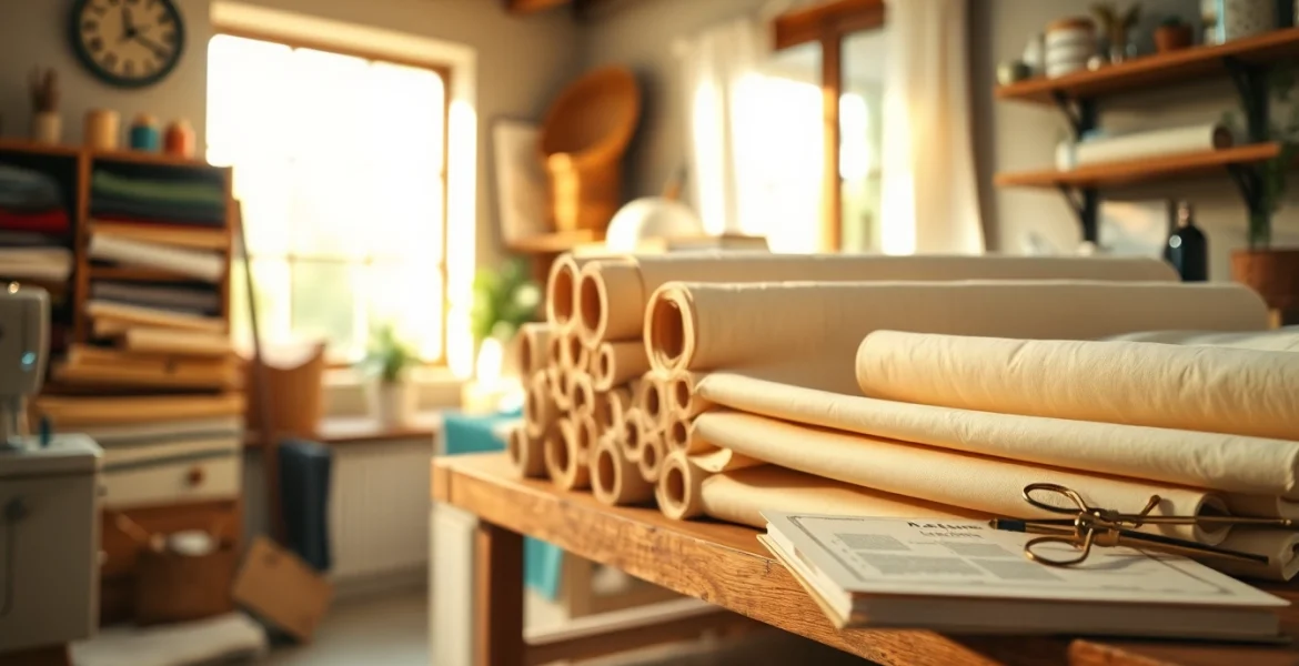 Katoen stoffenrollen prachtig gerangschikt op een houten plank in een gezellige werkplaats.