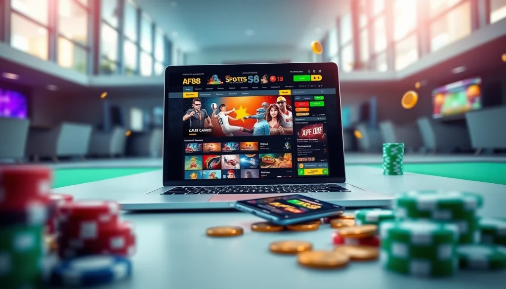 Engaging scene featuring AF88 online betting platform on a laptop and mobile app with casino elements