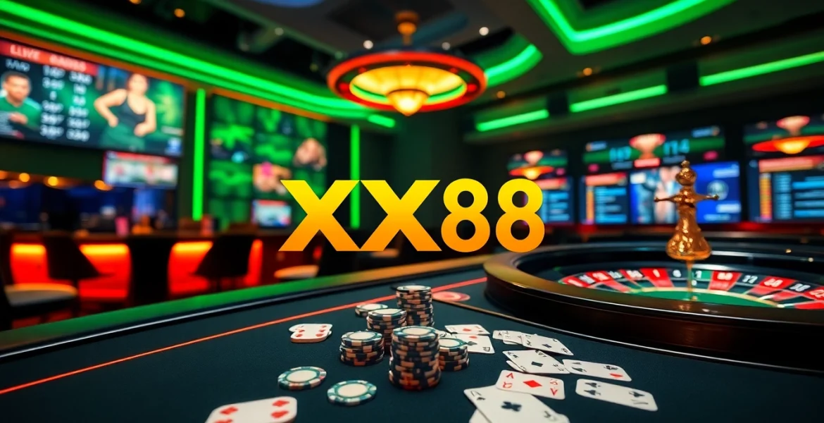 Exciting casino scene featuring XX88 logo, poker chips, and roulette wheel for immersive gambling experience.