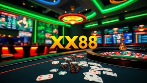 Exciting casino scene featuring XX88 logo, poker chips, and roulette wheel for immersive gambling experience.