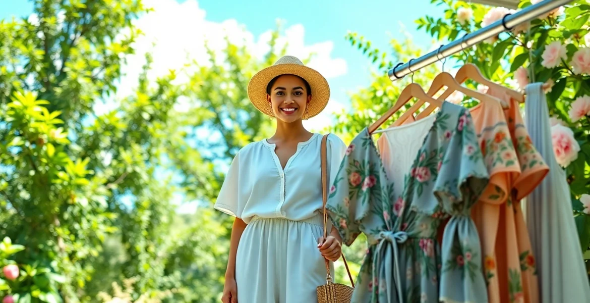 Rivelle model showcasing elegant clothing in a vibrant outdoor setting, radiating confidence.