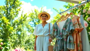 Rivelle model showcasing elegant clothing in a vibrant outdoor setting, radiating confidence.